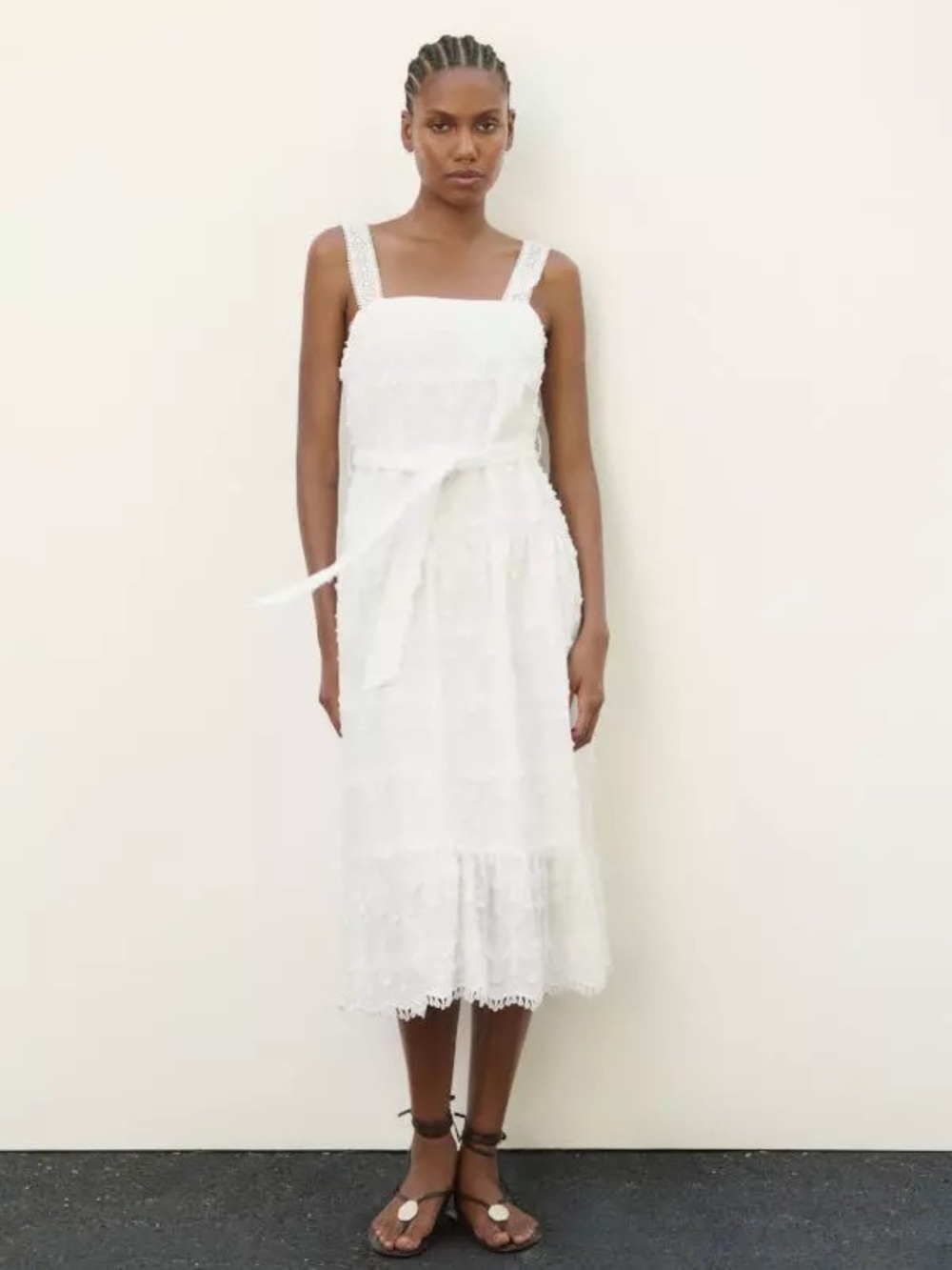 Zara Textured Embroidered Midi Dress White Crochet Strap Boho Size Small